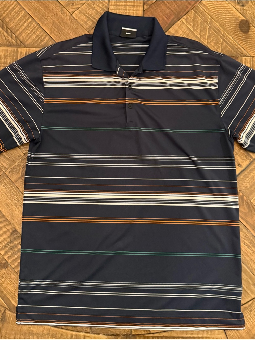 Nike Golf Men's Navy Polo with White, Orange & Green Stripes